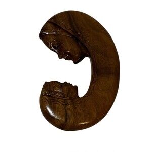 VTG Hand Carved Wood Madonna and Child Plaque Philippine Folk Art Crescent Moon